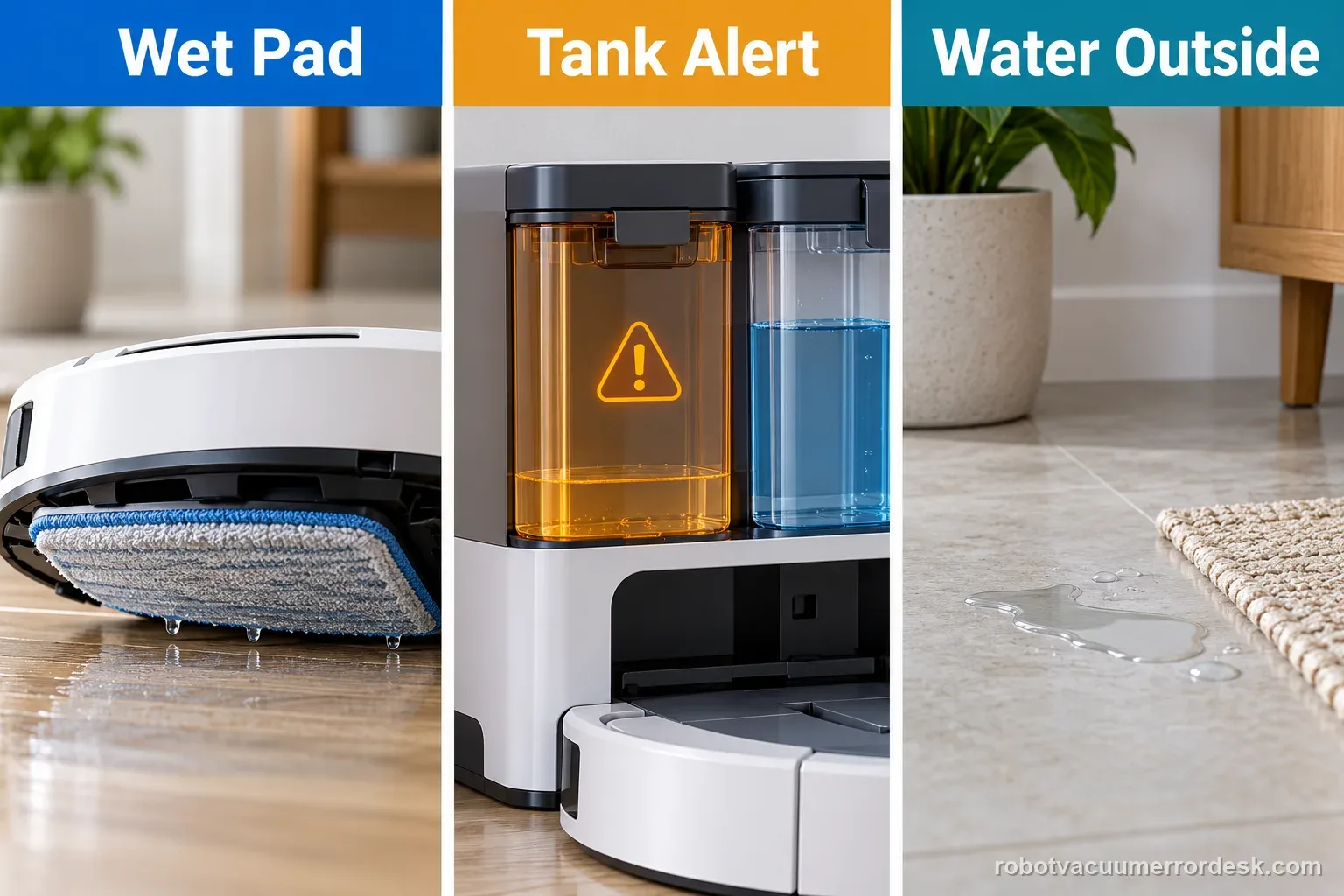 Three generic panels compare a wet mop pad, a tank alert, and water outside a robot vacuum station.