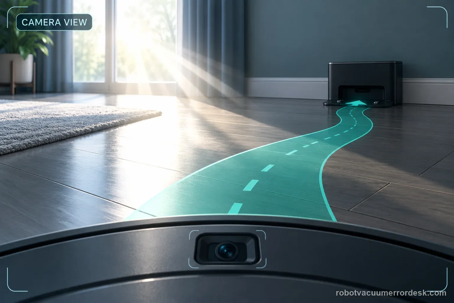 AI view past a generic robot vacuum camera toward a dock, with direct window glare as a test variable.