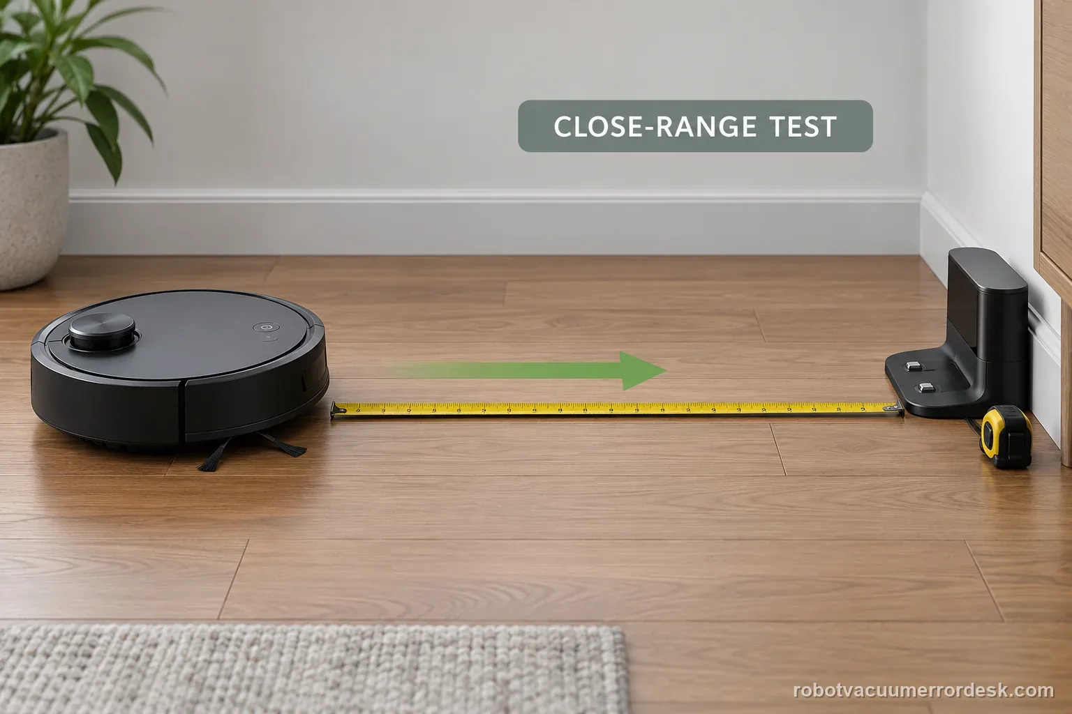 AI illustration of a generic robot vacuum facing a dock for a controlled close-range return test.