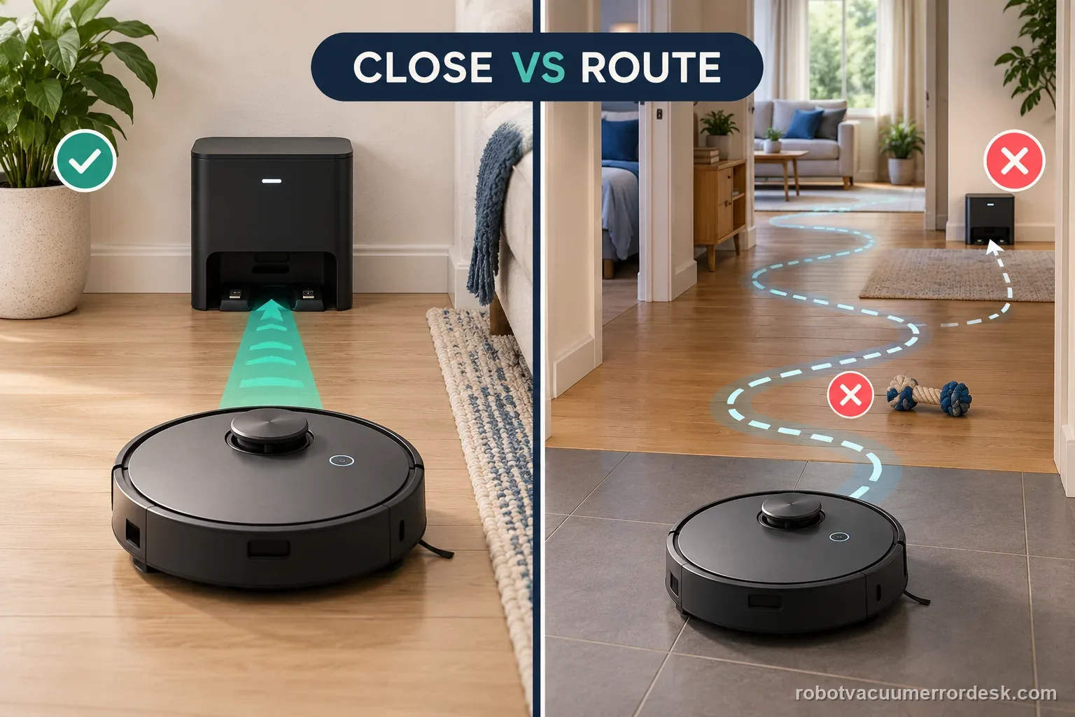 A generic robot vacuum passes a nearby straight dock test but fails after a longer route with an interruption marker.