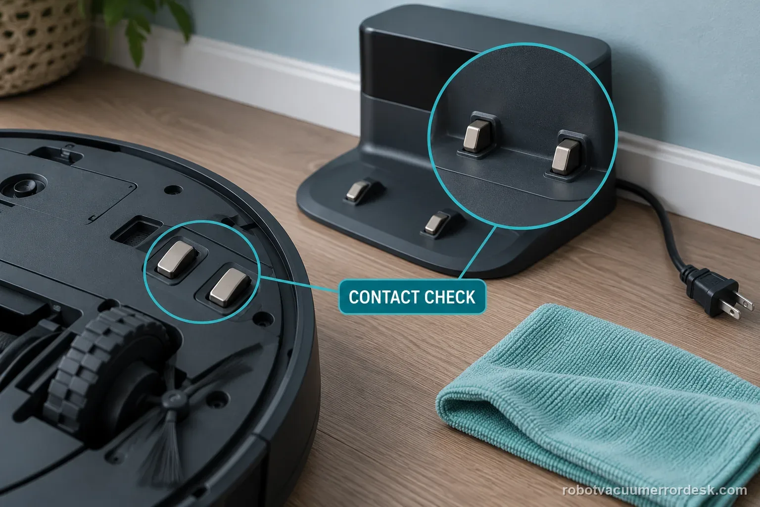 AI close-up highlights the matching charging contacts on a generic robot vacuum and its dock.