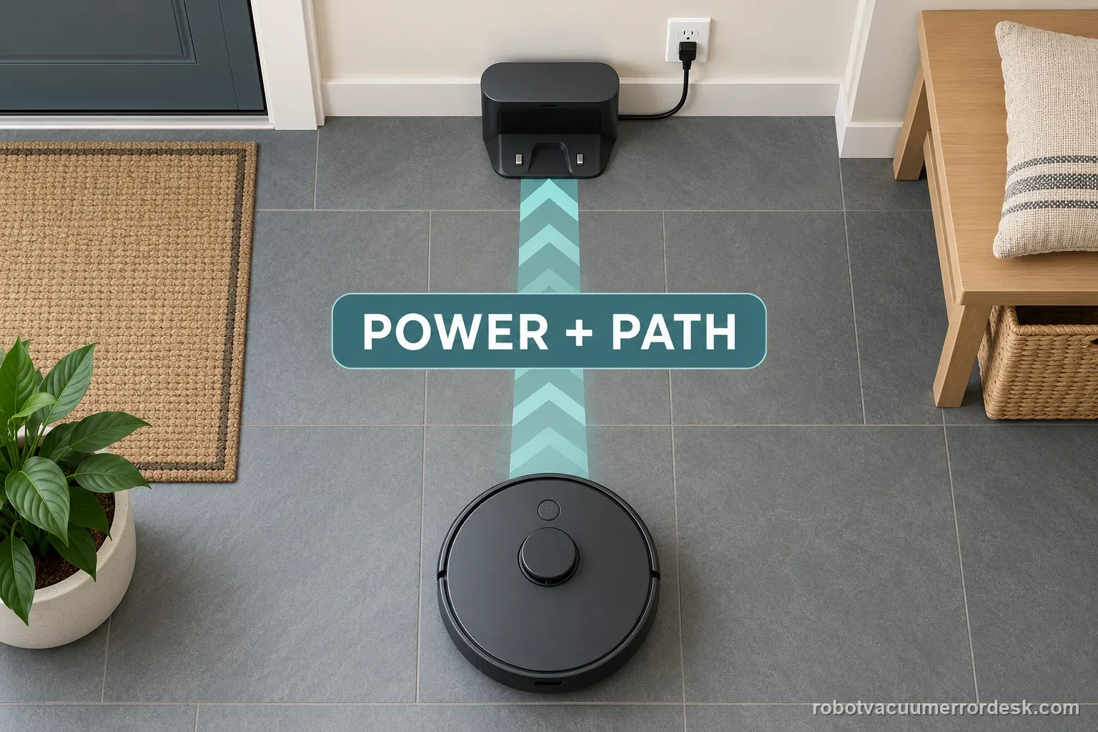 AI illustration of a generic robot vacuum approaching a powered dock along a clear floor path.