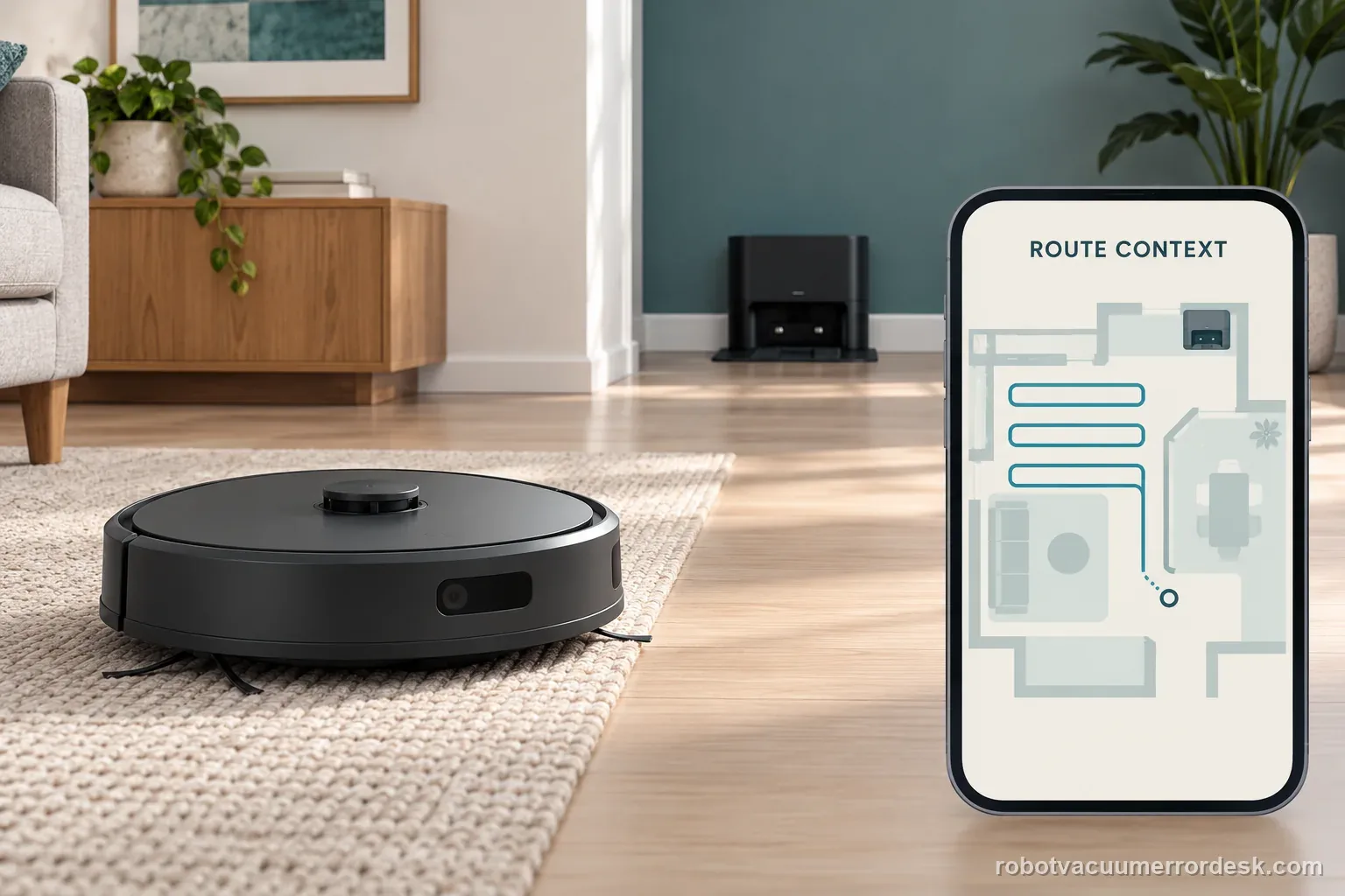 A generic robot vacuum beside a route-history phone screen helps distinguish a close docking pass from a full mission that failed to return.