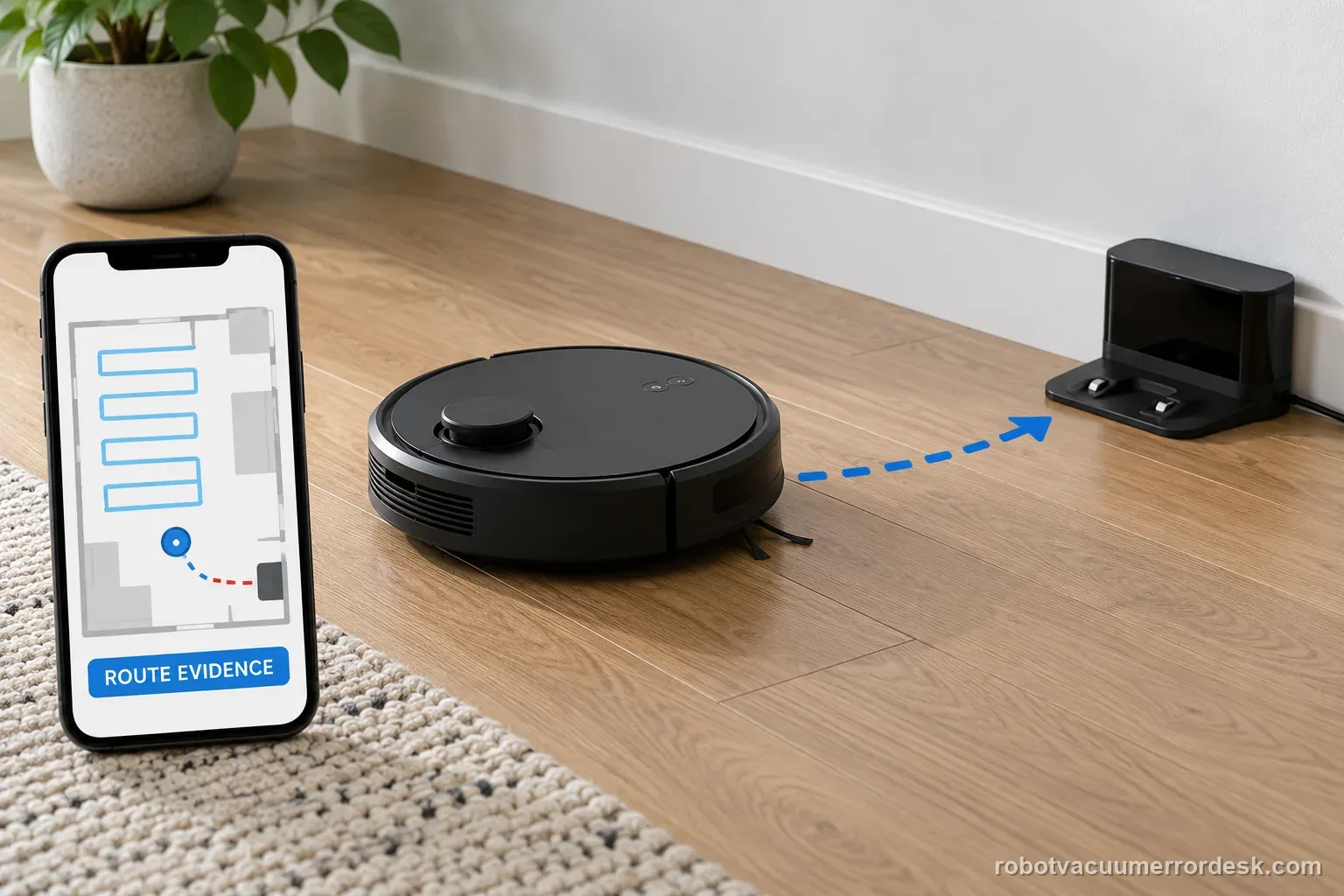 AI illustration pairs a generic phone route history with a robot vacuum return path to document failure.