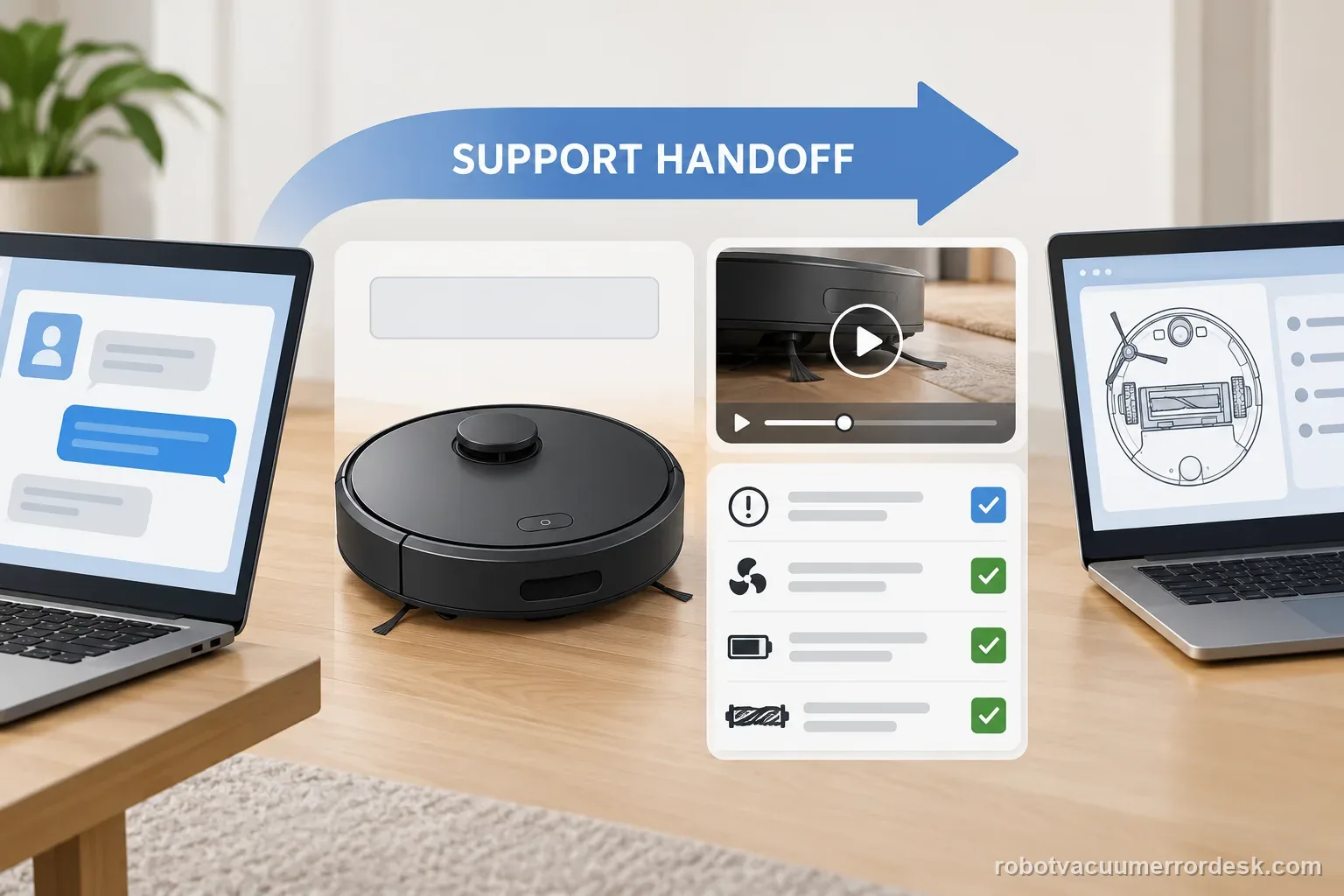 A robot vacuum, dock, and phone checklist show the model, error, route test, and short support video to share.