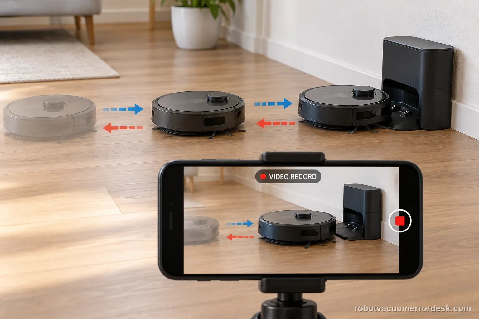 A generic robot vacuum approaches its dock while a phone records the full failed return from the Home command.