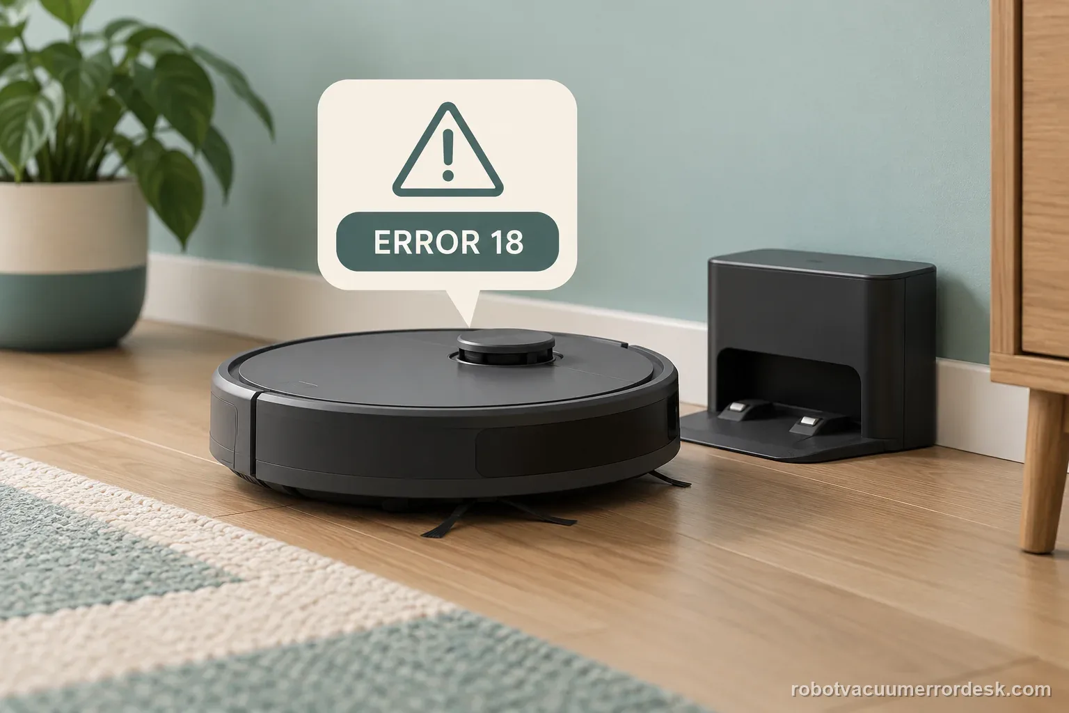 AI illustration labels Error 18 on an unbranded robot vacuum beside its dustbin and filter.