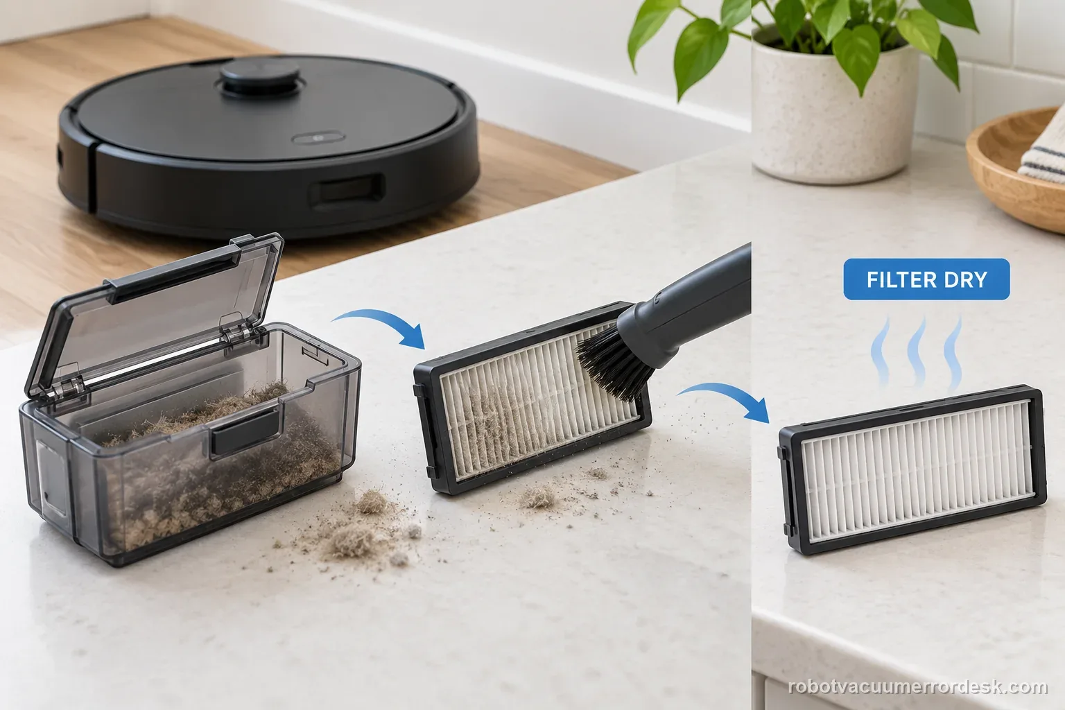 AI diagram shows a removable filter being brushed gently and left to air dry away from the robot.