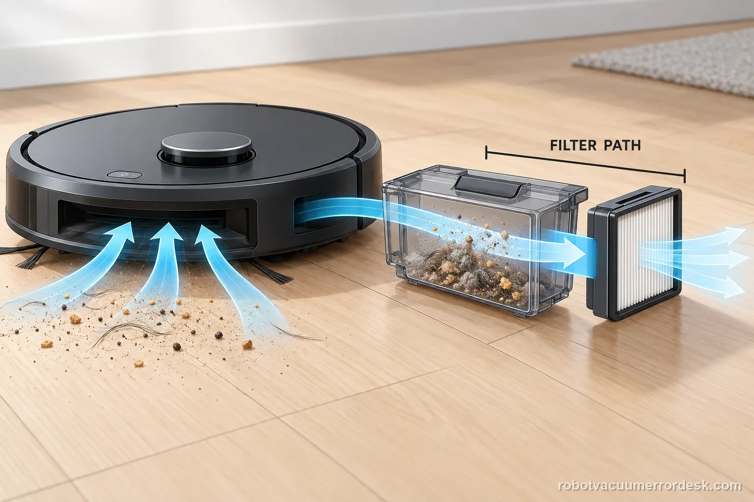 AI diagram shows the user-removable dustbin, filter, and airflow path on a generic robot vacuum.