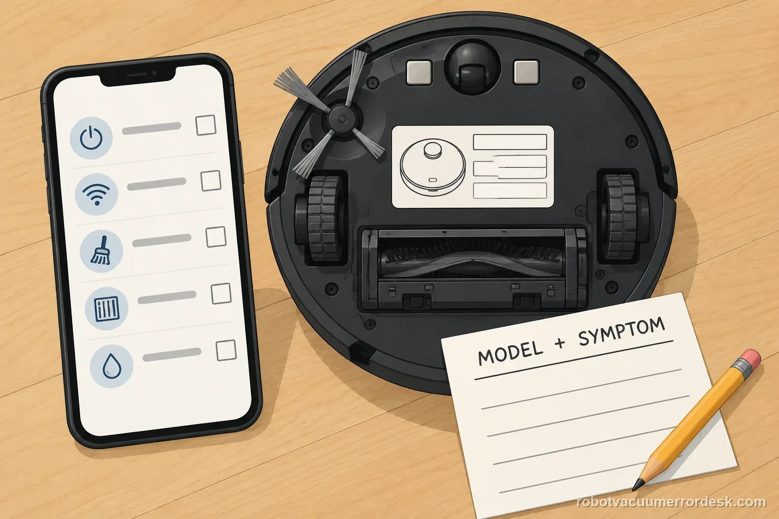 AI illustration pairs a blank model label and generic phone checklist for recording the exact robot and alert.