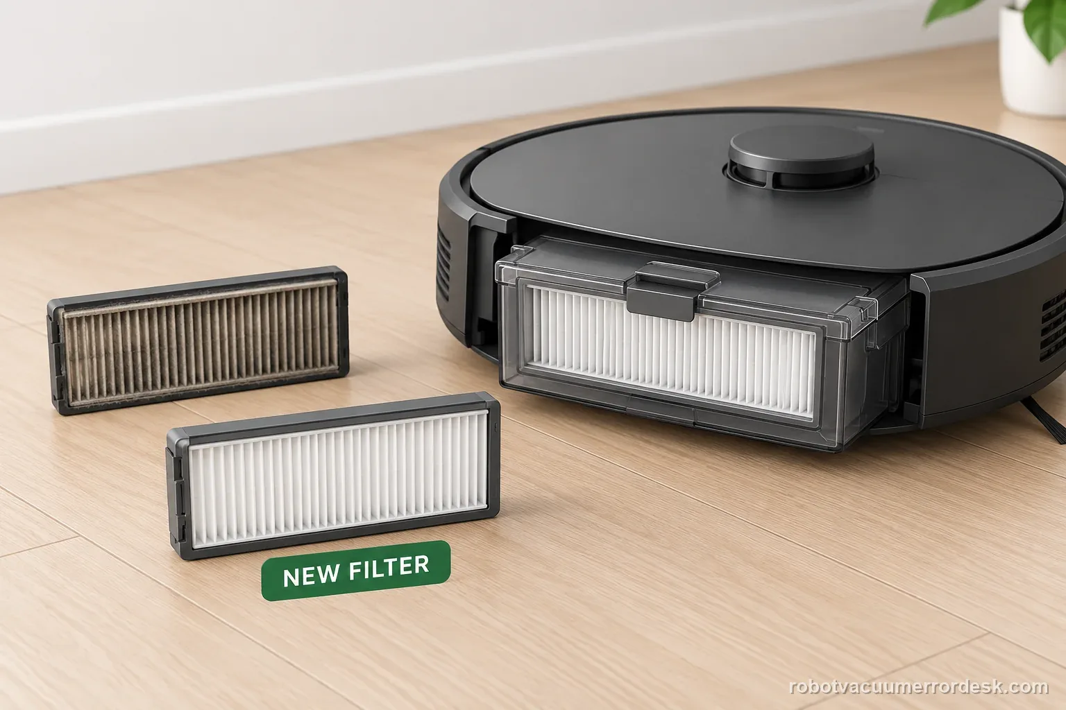A generic robot vacuum sits beside a new replacement filter and the removed filter for an owner-level Error 18 check.