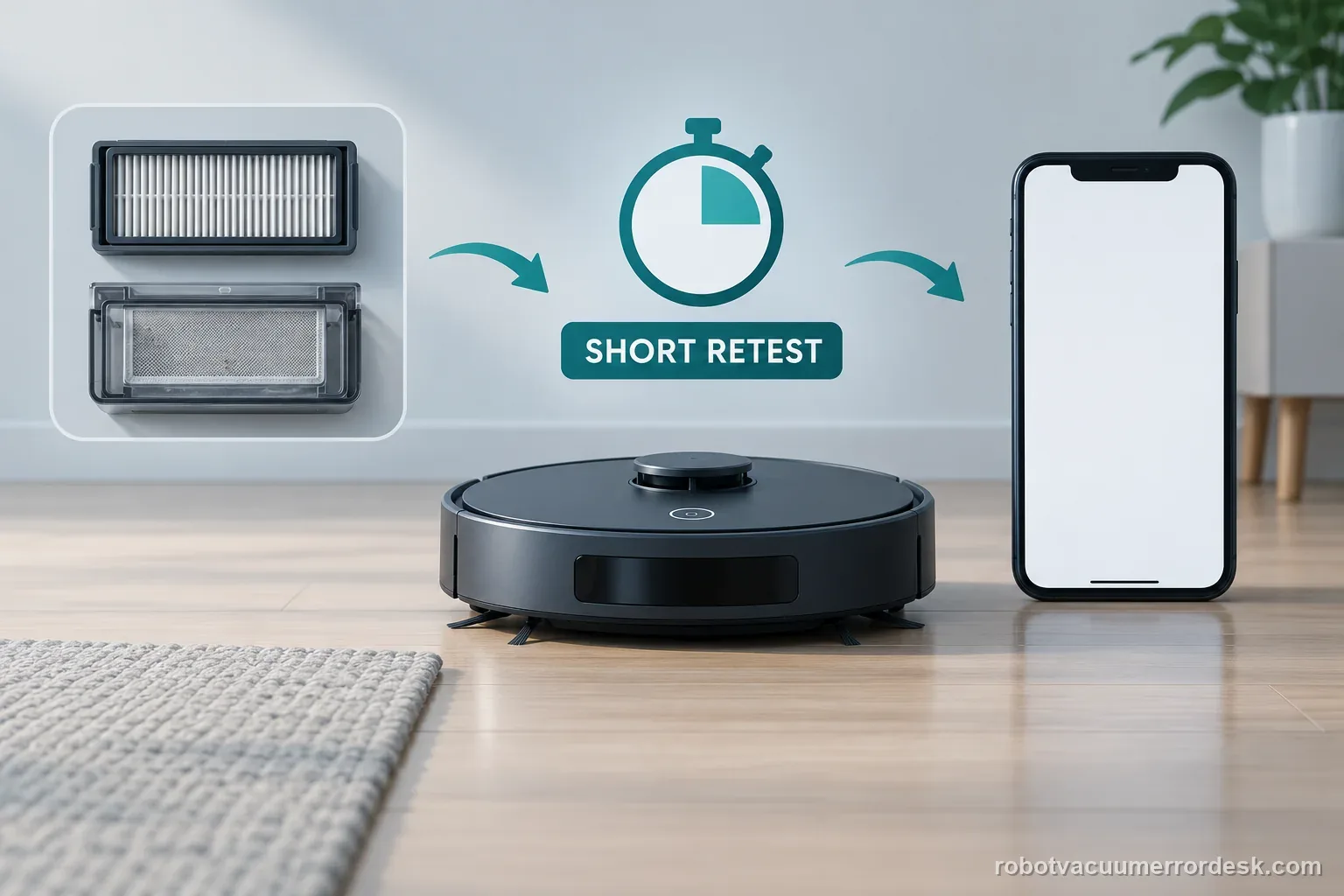 A generic robot vacuum runs a brief clean on open flooring while a phone shows a short retest timer.