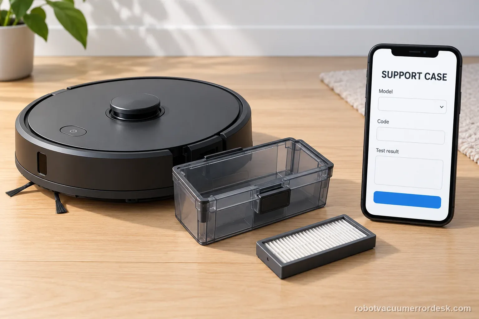A generic vacuum, removed filter, and phone support form show model, Error 18, and completed checks.