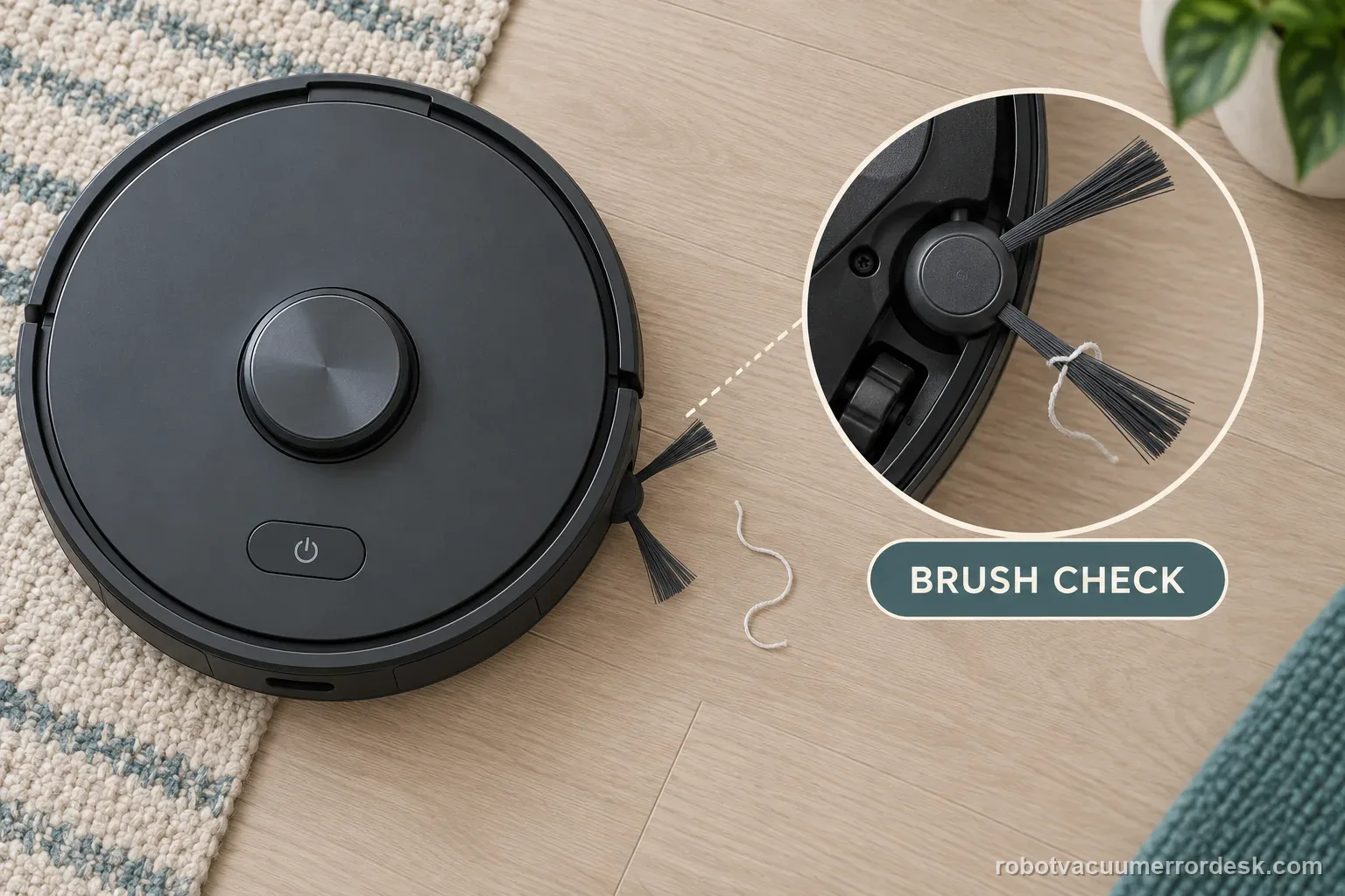 AI illustration shows a generic robot vacuum side brush stopped by a small strand, with the unit powered off for a visible check.