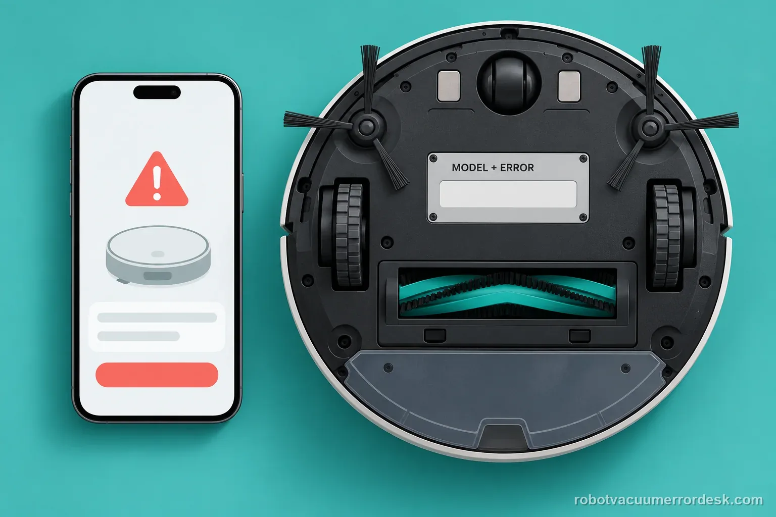 AI illustration pairs a generic robot vacuum with an unbranded alert screen and blank model label to show what to record before troubleshooting.