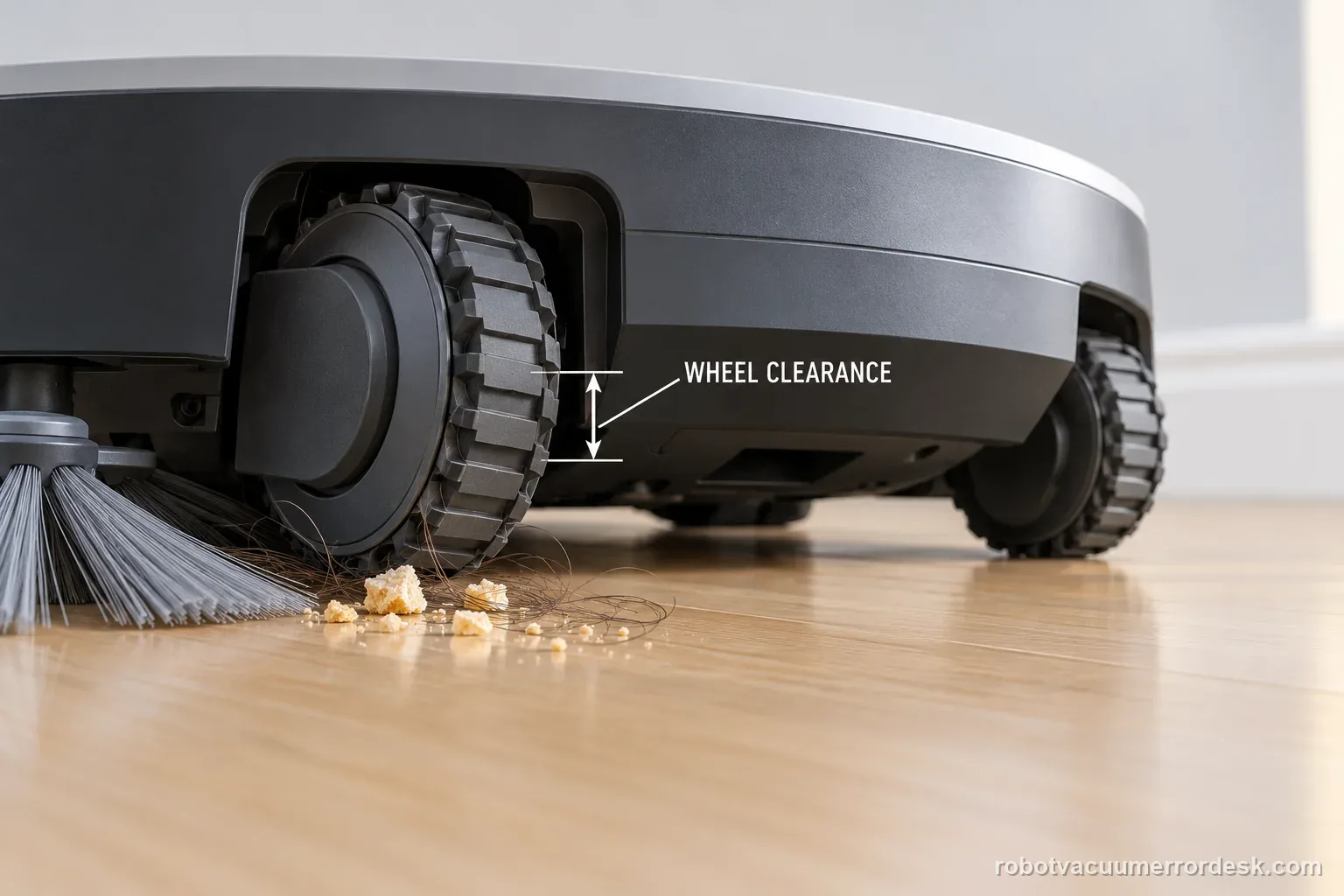 AI close view shows a generic robot vacuum drive wheel with small debris nearby, illustrating a visual clearance check without disassembly.