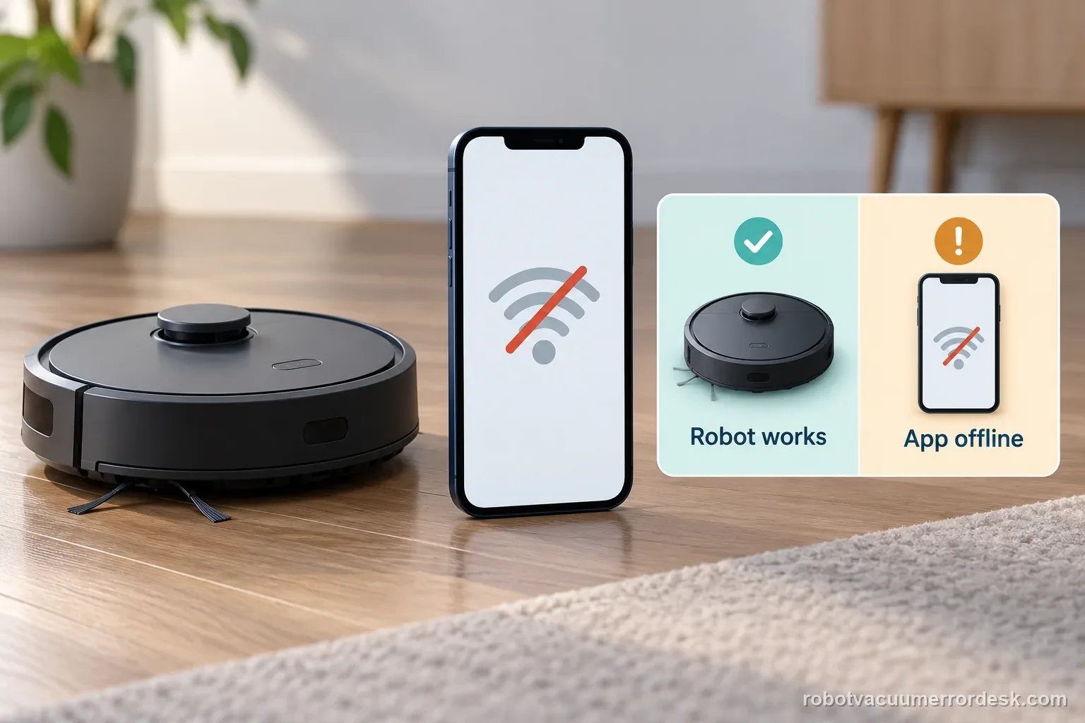A generic robot vacuum illustration distinguishes a robot that can clean from a phone app that reports the device offline.