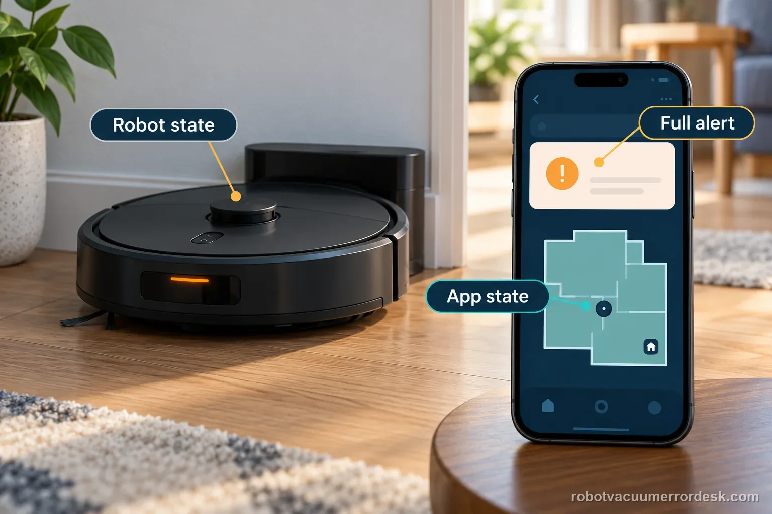 A generic robot vacuum and app show separate fields for robot state, app state, and the full alert to record before a reset.