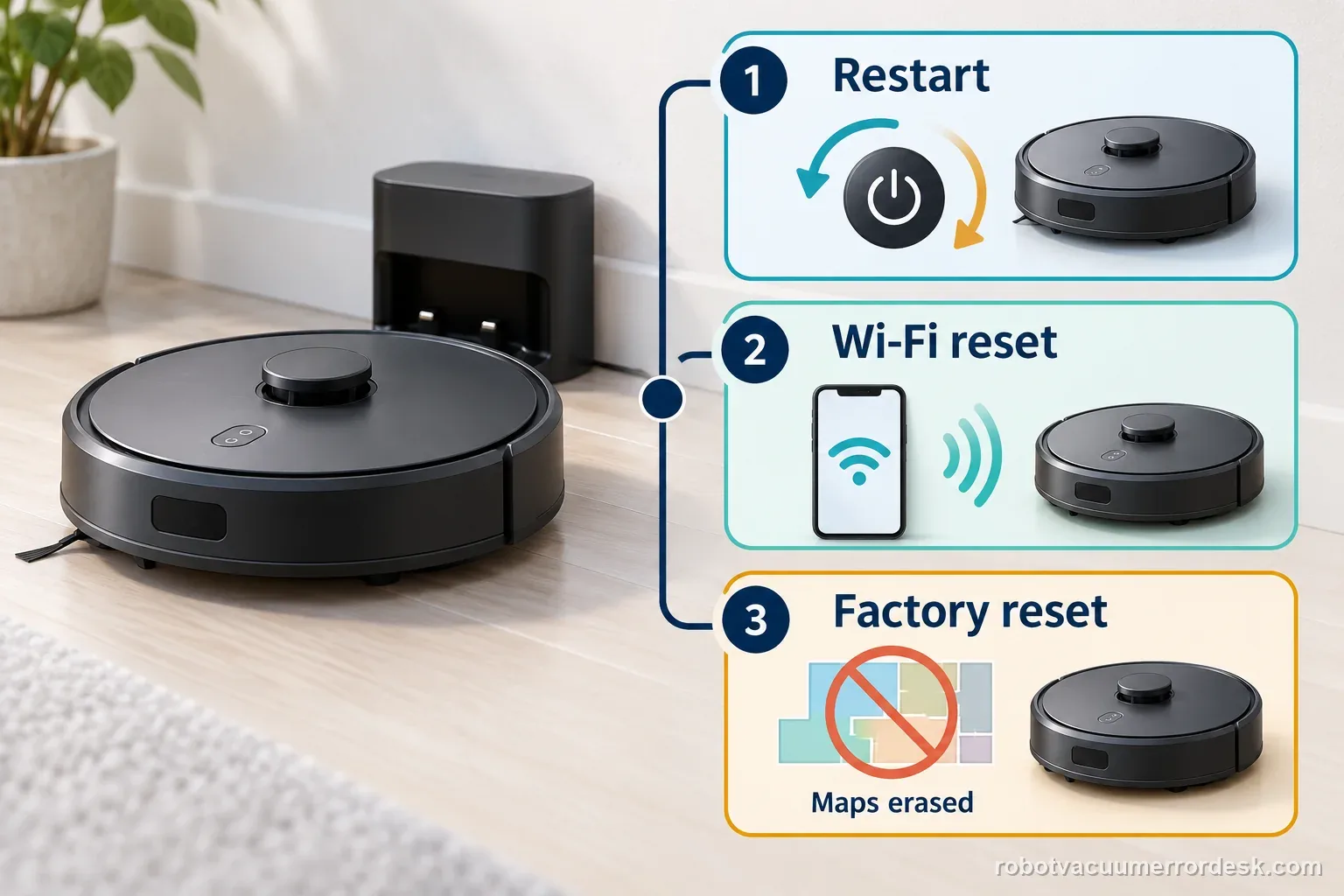 A generic robot vacuum illustration compares a normal restart, Wi-Fi reset, and factory reset, with a visible warning that factory reset erases maps.