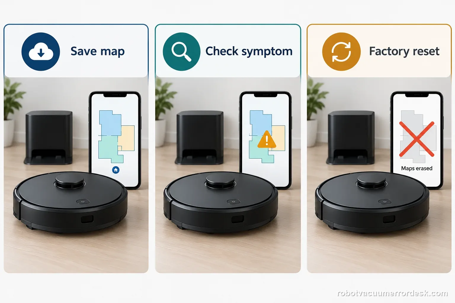 A three-panel robot vacuum diagram shows saving a map, checking the symptom, and the map-loss consequence of a factory reset.