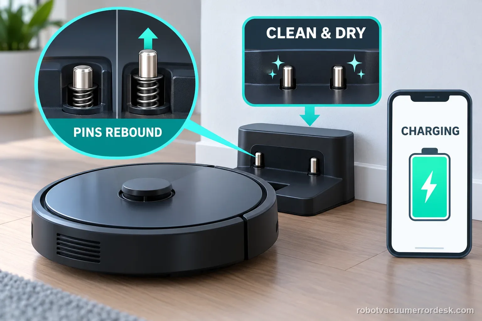 A generic vacuum dock shows clean dry contacts, rebound pins, and a charging state on a phone.