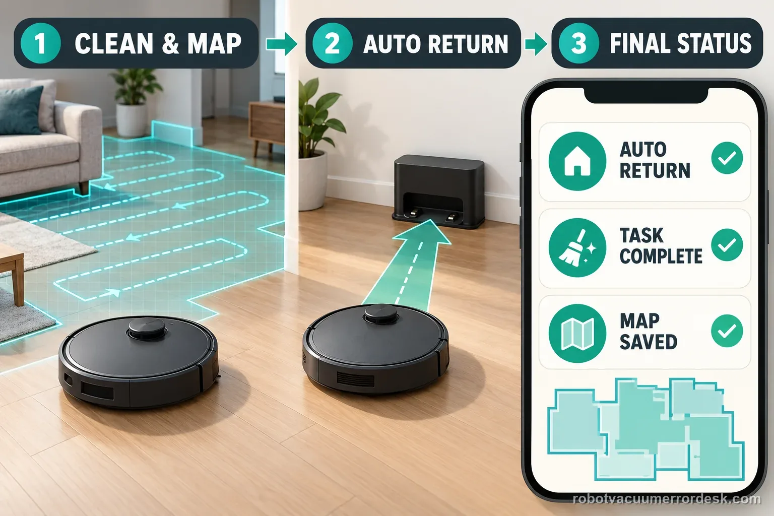 A generic robot vacuum completes an automatic return while a phone shows task complete and the saved map status.