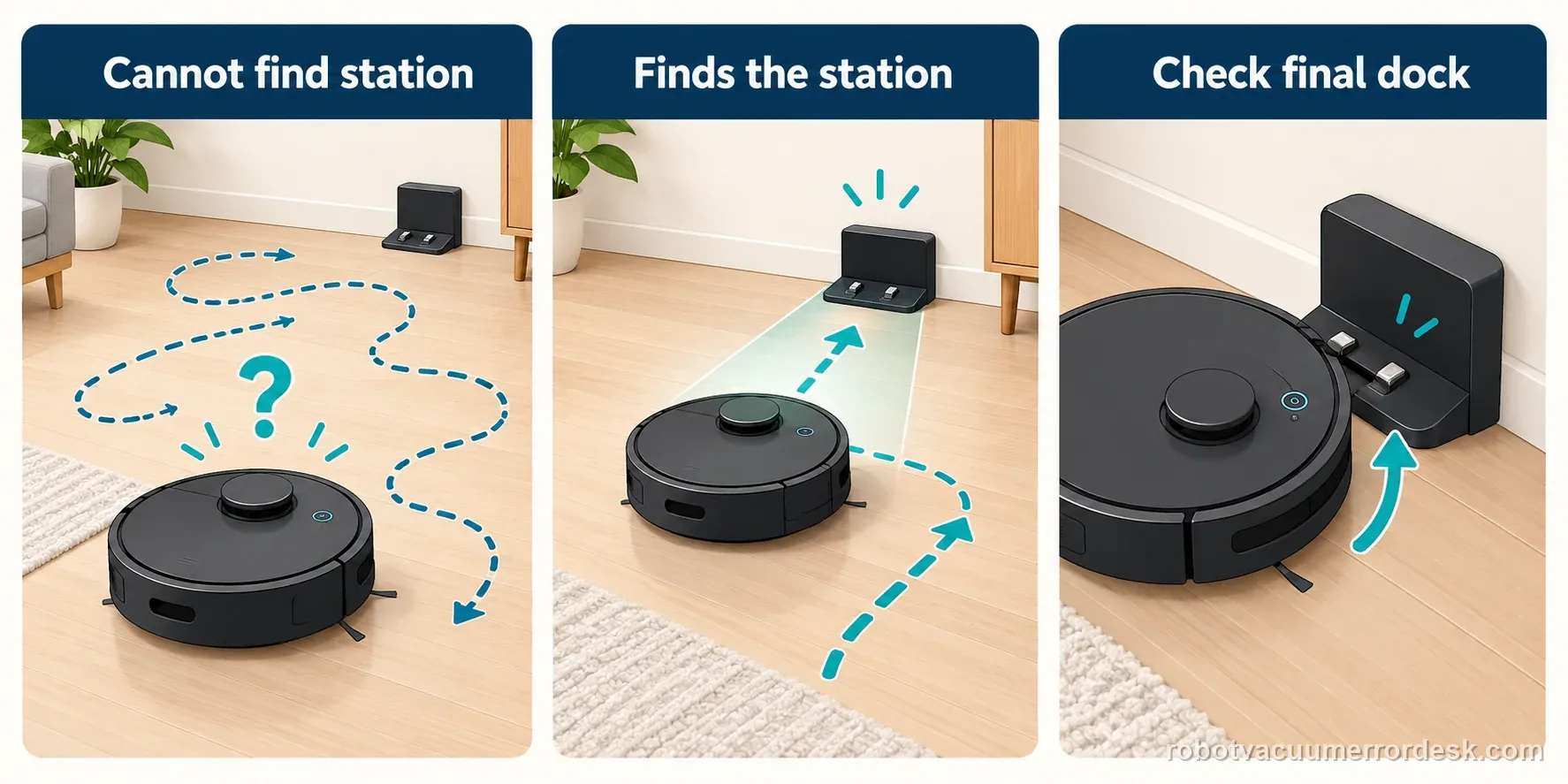ECOVACS X8 station-return diagnosis comparing a location failure, a successful station find, and the final dock check.