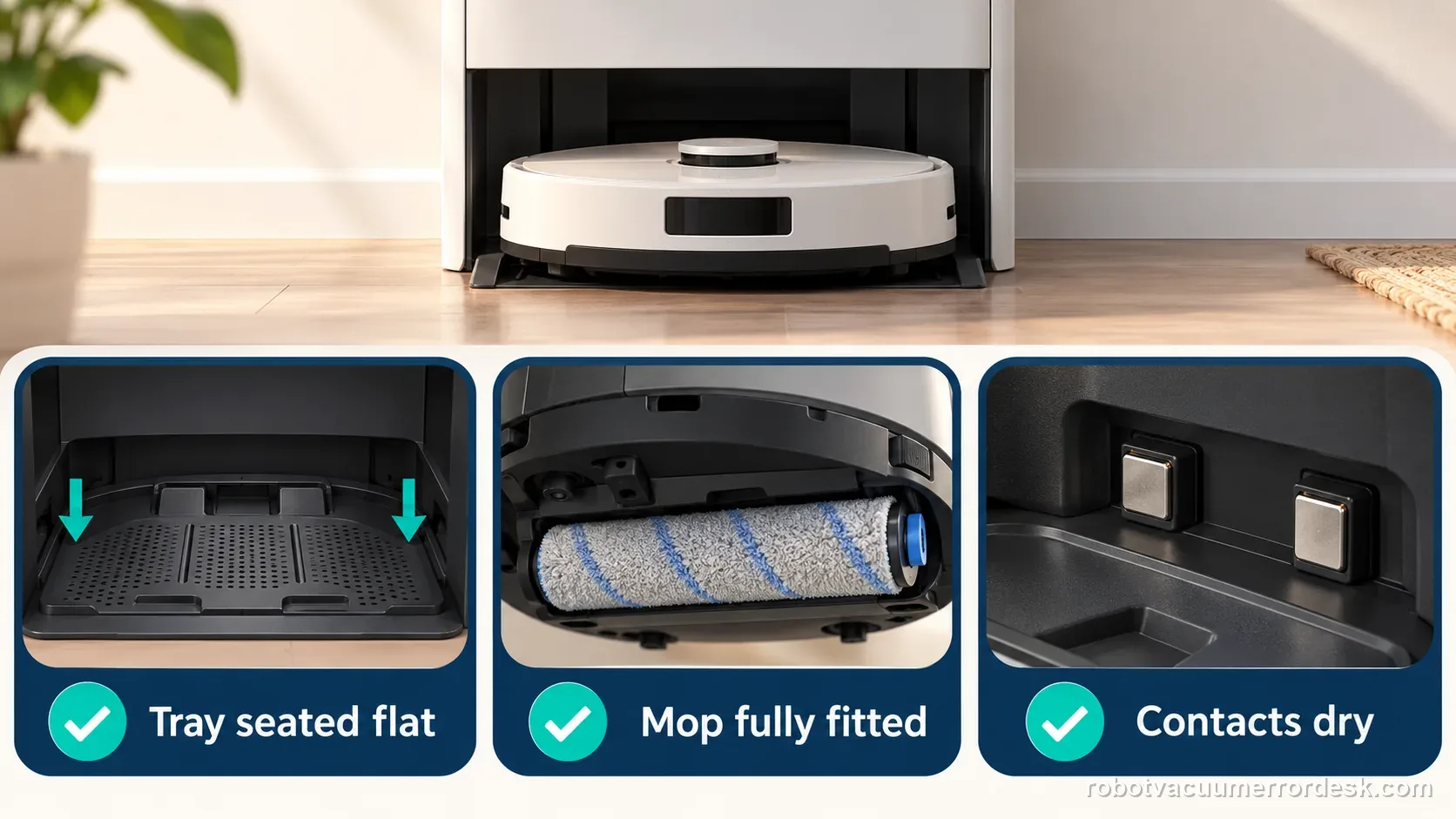 ECOVACS X8 dock checks showing a seated removable tray, fitted roller mop, and dry charging contacts.