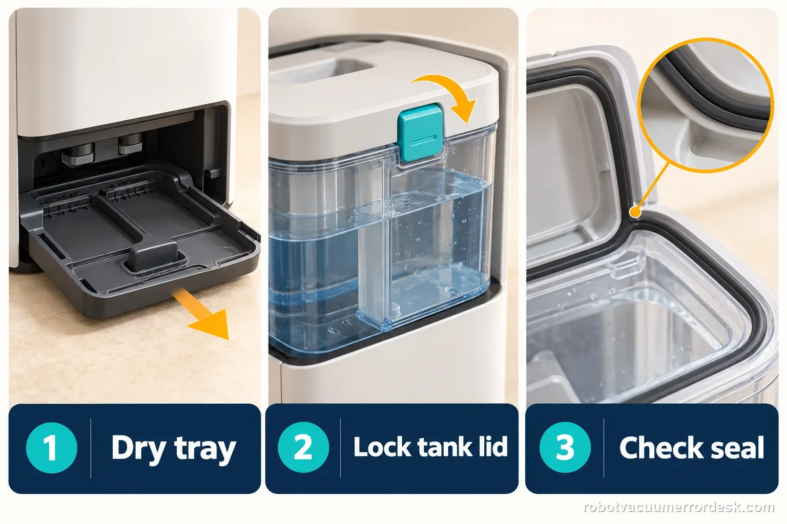 Narwal base overflow checks showing a dry tray, a locked tank lid, and an inspected sealing strip.