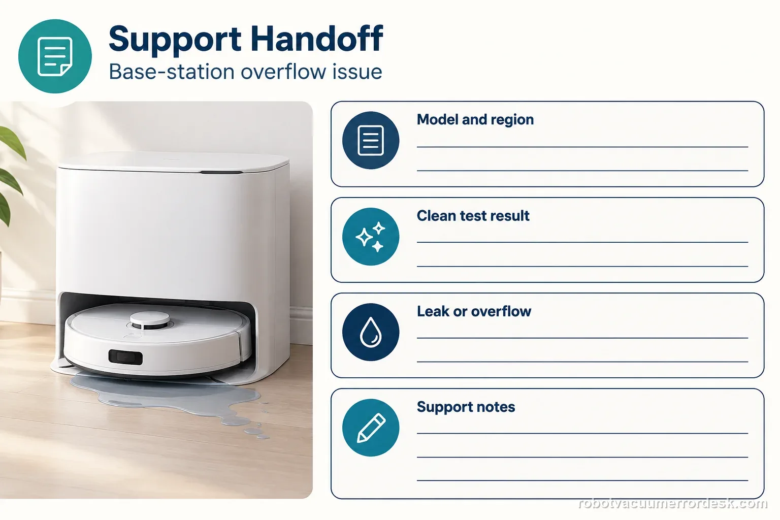 Narwal base-station support record with blank lines for model and region, clean-test result, leak or overflow, and support notes.