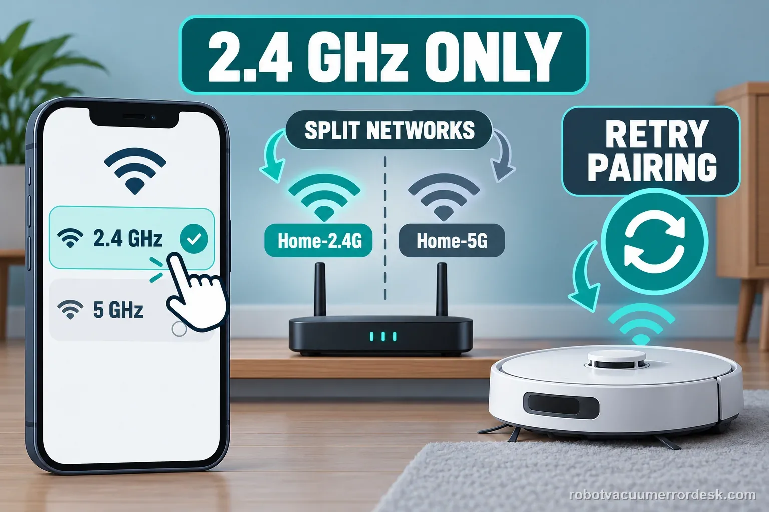 A generic robot pairs to a selected 2.4 GHz network after the phone separates the router bands.