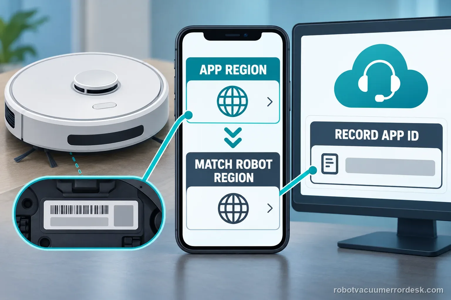 A generic robot, phone, and support screen compare product region with app region and record the app ID.