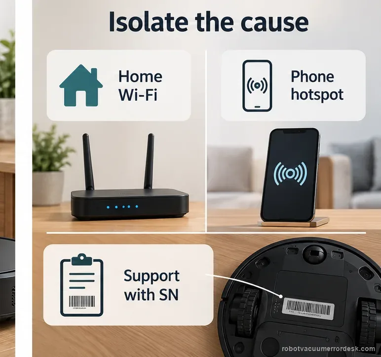 A generic robot vacuum is compared with home Wi-Fi and a phone hotspot to isolate the network variable.