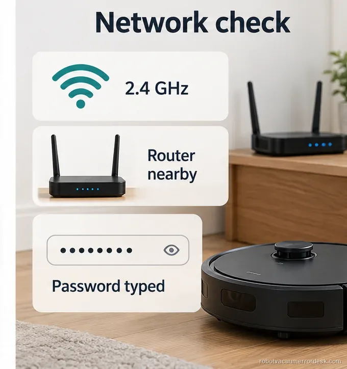 A generic robot vacuum and router sit beside a labeled 2.4 GHz network and manually entered password check.