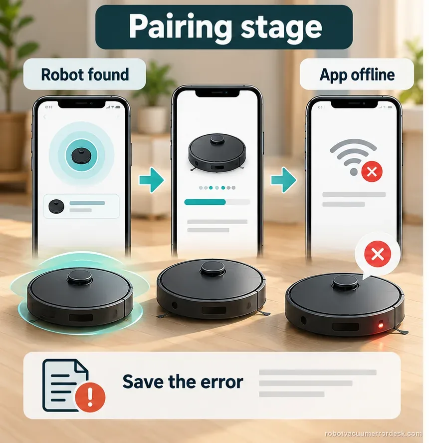 Three phone screens show robot discovery, pairing progress, and an offline result in a Wi-Fi setup sequence.