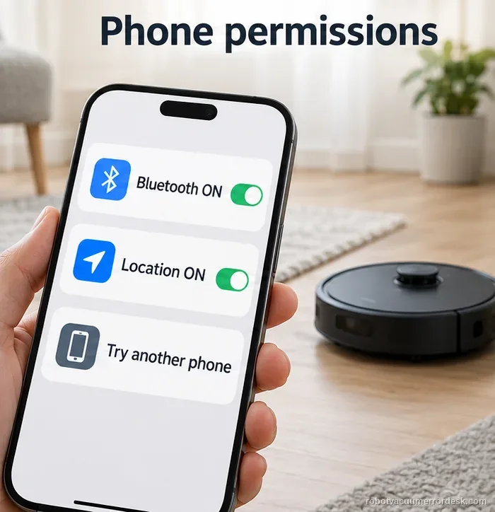 A phone, generic robot vacuum, and home router show Bluetooth and location permissions before Freo Z Ultra pairing.