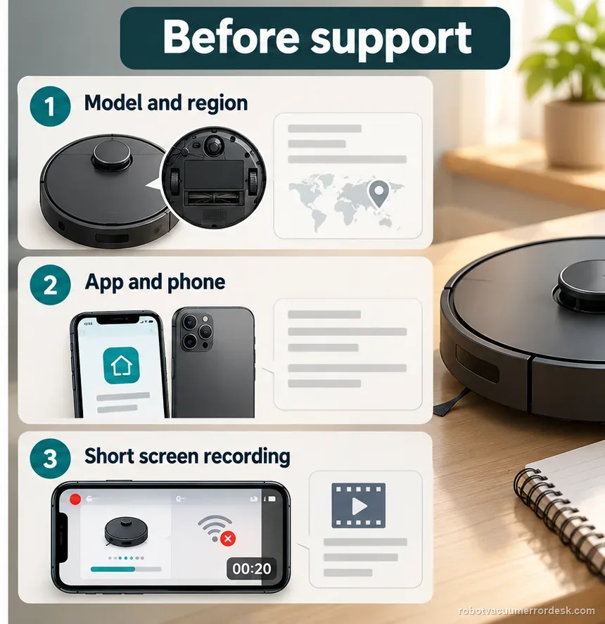 A support checklist beside a generic robot records model and region, phone details, and a short pairing recording.