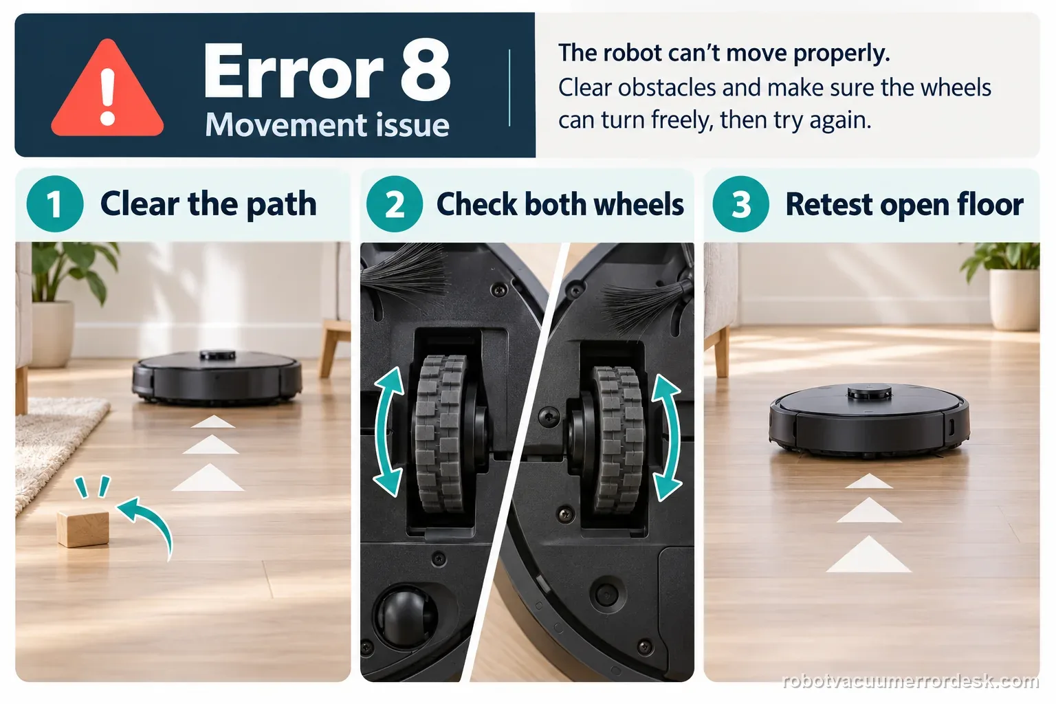 Roborock Q7 Max Error 8 checks showing a clear path, free wheel movement, and an open-floor retest.