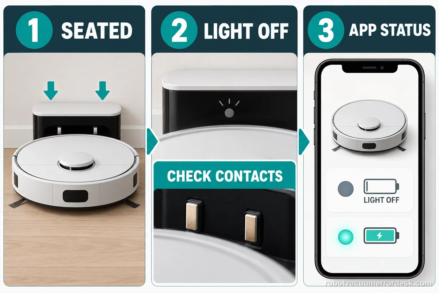 A generic robot vacuum on its dock is checked by seat position, dock light, contacts, and app status.