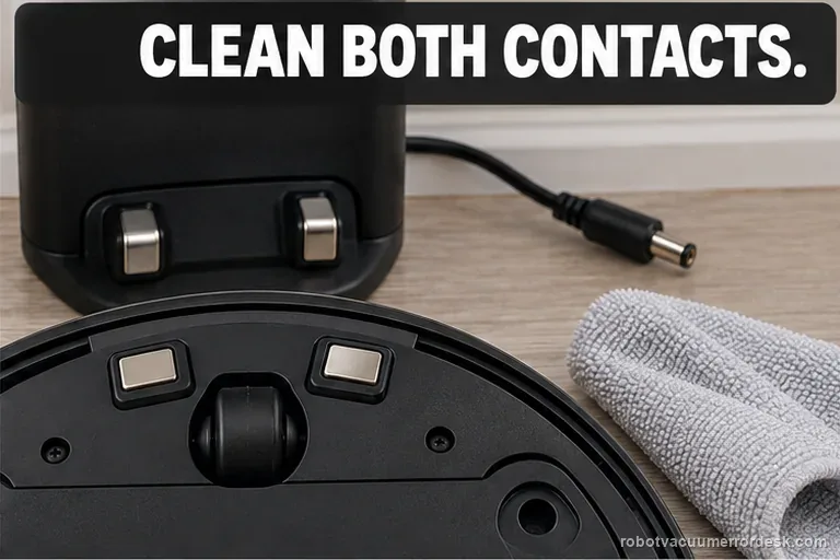 Unplugged robot dock and robot charging contacts are shown beside a dry microfiber cloth.