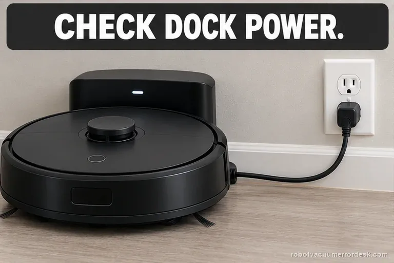 Robot vacuum dock is connected to a wall outlet while its station cable is checked.