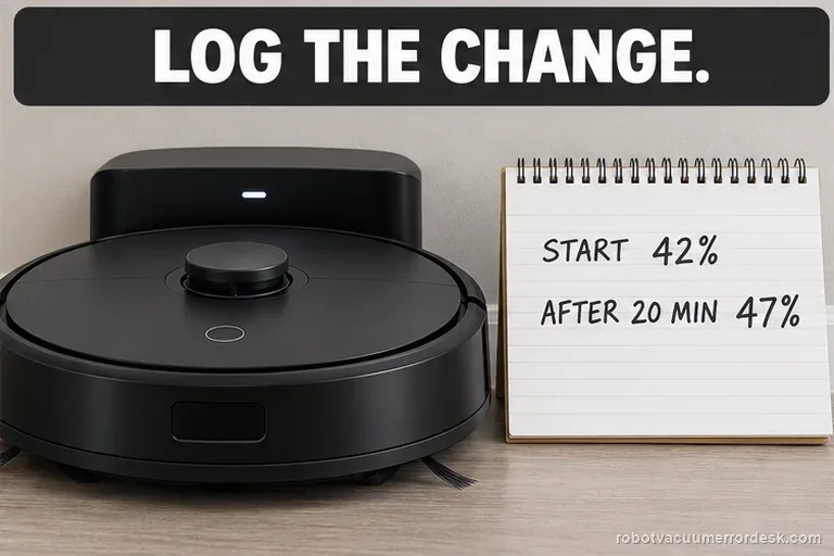 Robot vacuum sits on its dock beside an illustrative written battery record from 42 to 47 percent.