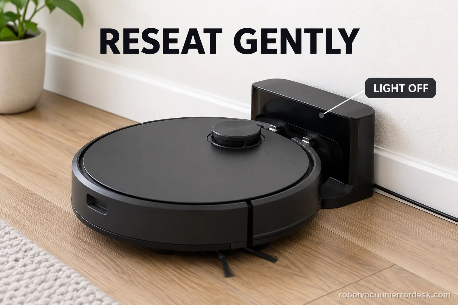 Round robot vacuum is aligned gently with its charging dock, with the dock indicator called out.
