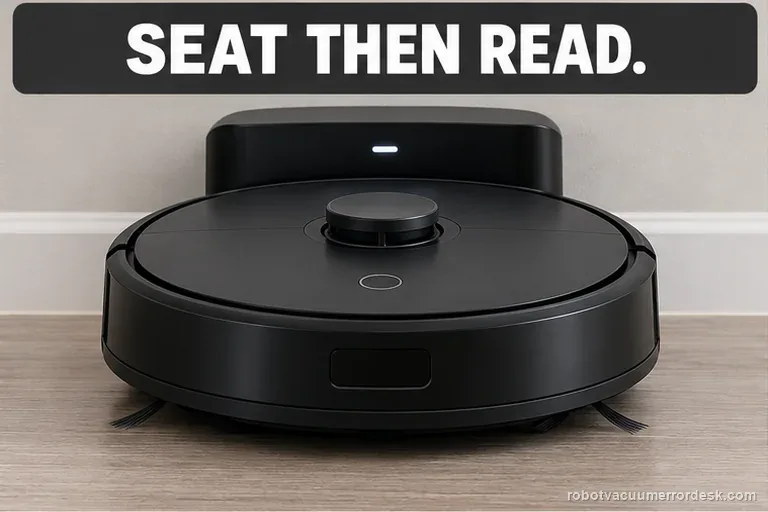 Unbranded round robot vacuum sits squarely on its curved dock while the small status light is visible.