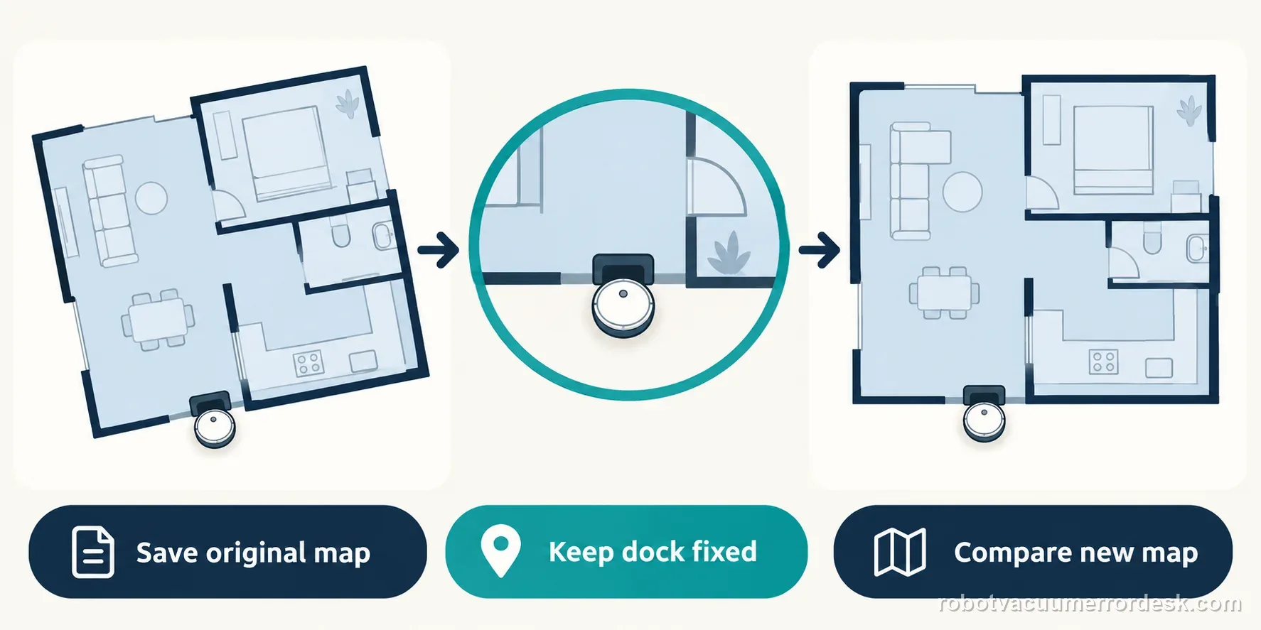 Roborock S7 map comparison record showing the original map, a fixed dock position, and the later map for review.