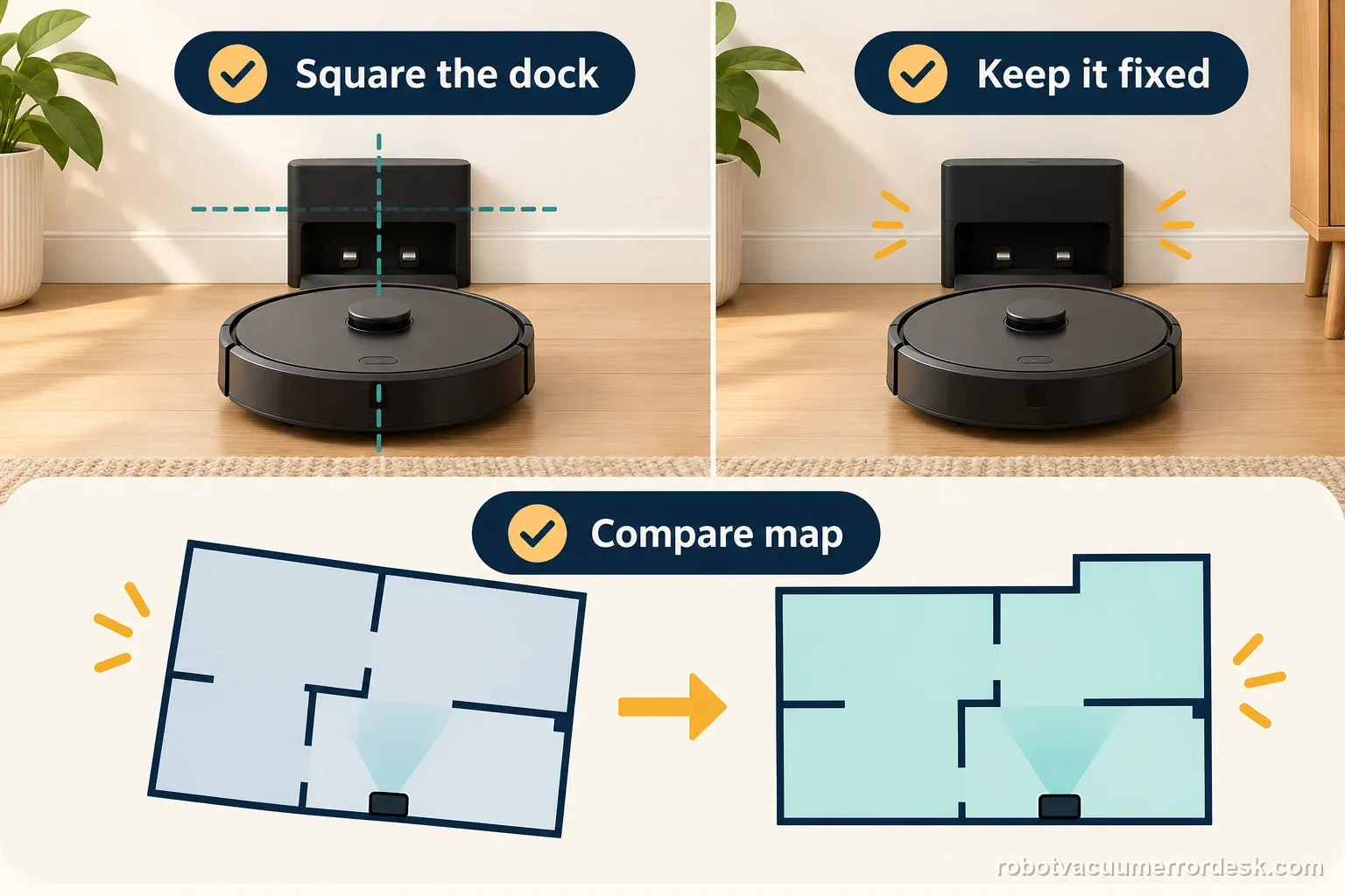Roborock S7 map-angle illustration showing a squared dock, a fixed station position, and a map comparison.
