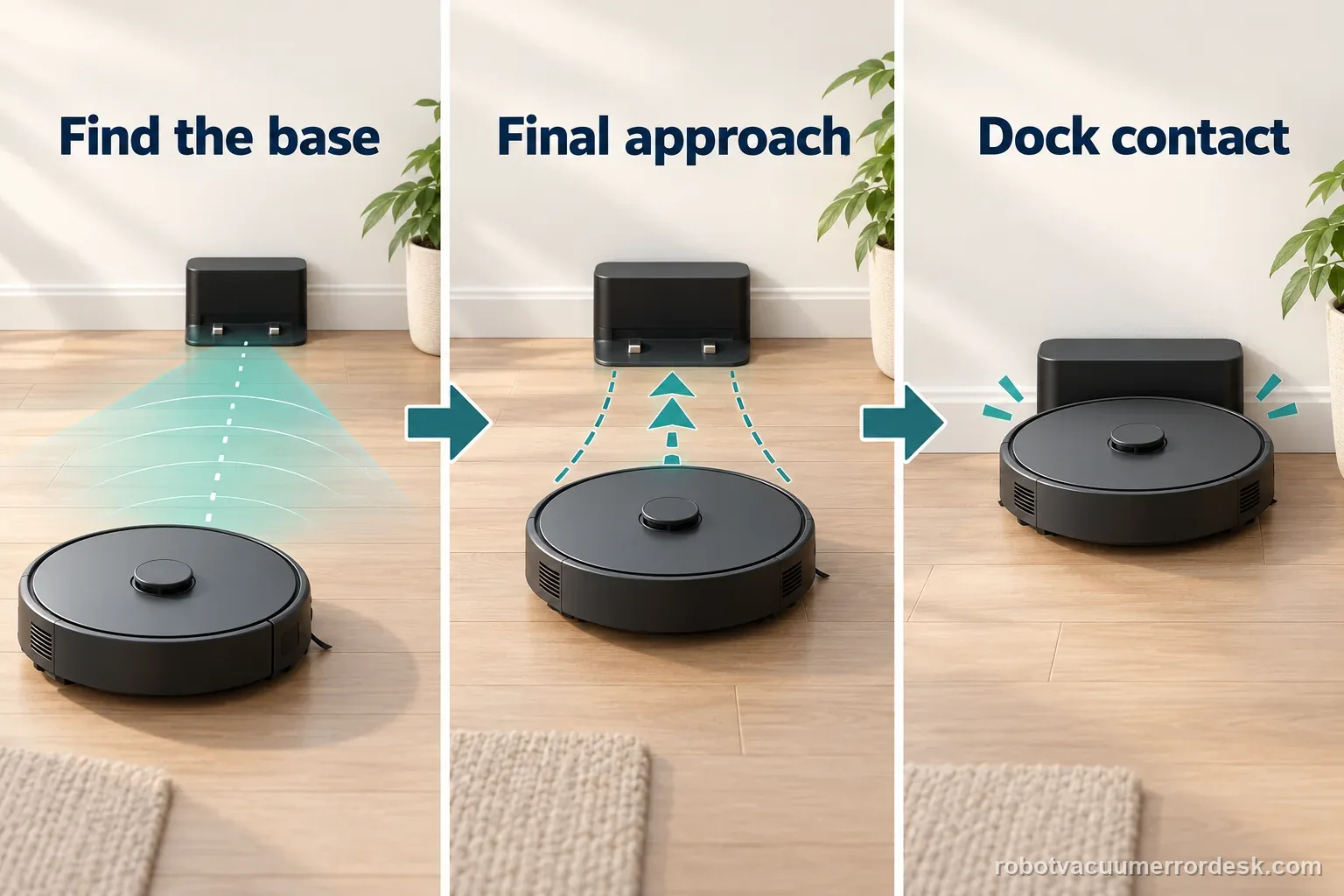 Robot-vacuum dock-return stages showing base discovery, final approach, and dock contact.