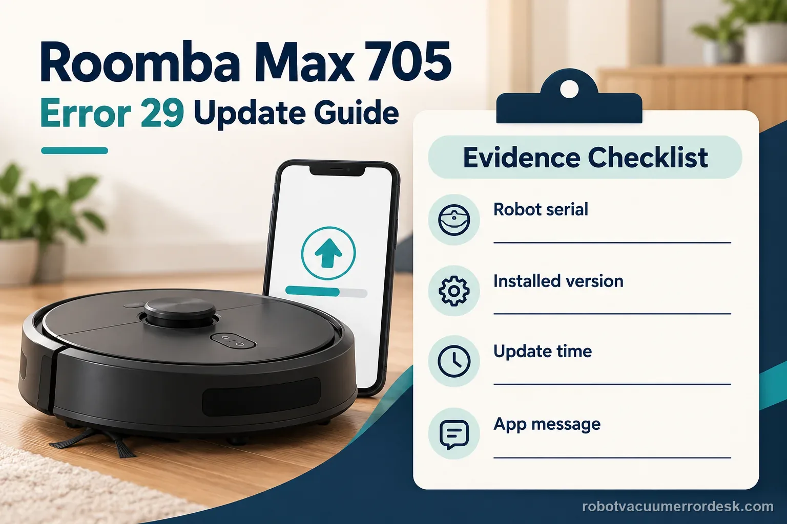A Max 705 and phone sit beside a checklist for serial number, software version, update time, and app message.