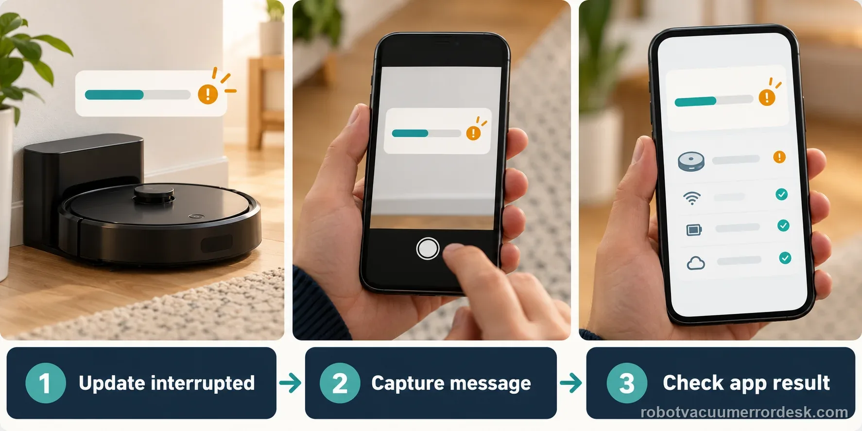 Three panels show an interrupted update, an app error record, and the result to check after reboot.