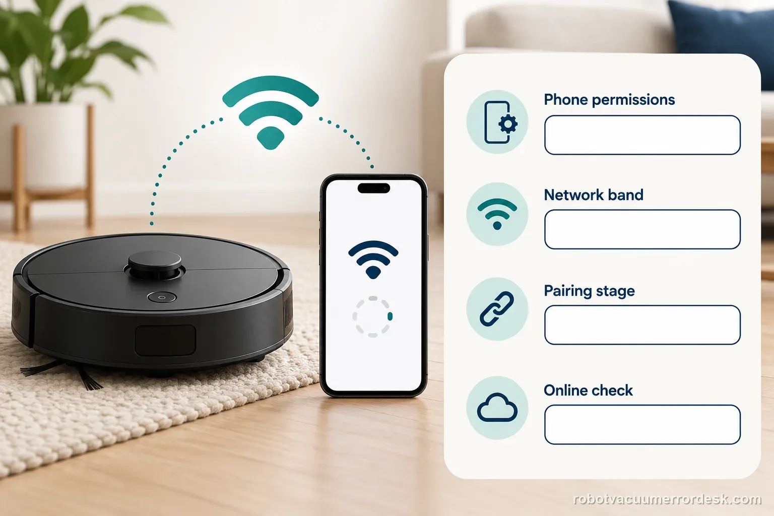 A checklist beside a robot and phone records permissions, network band, pairing stage, and online status.